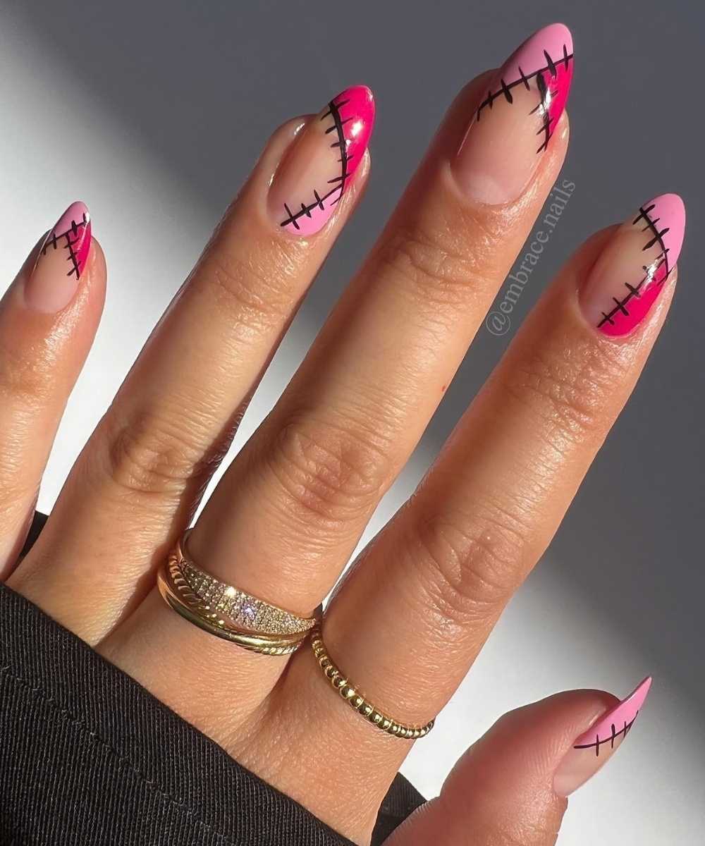 Stitch French mani in two shades of pink