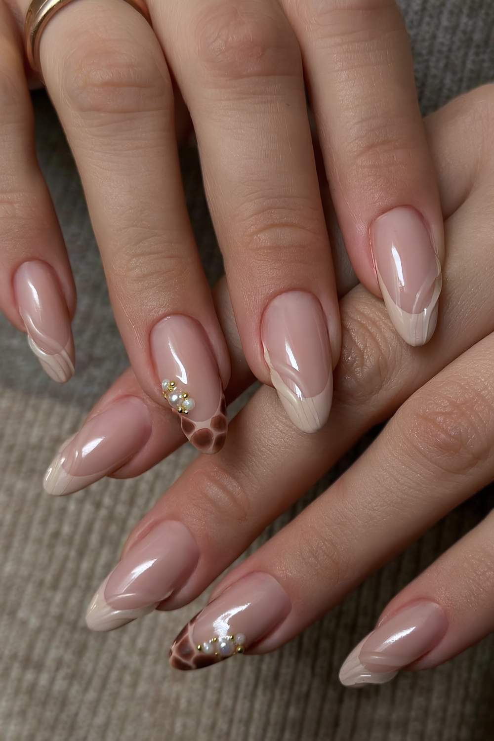 Textured beige French mani with animal print