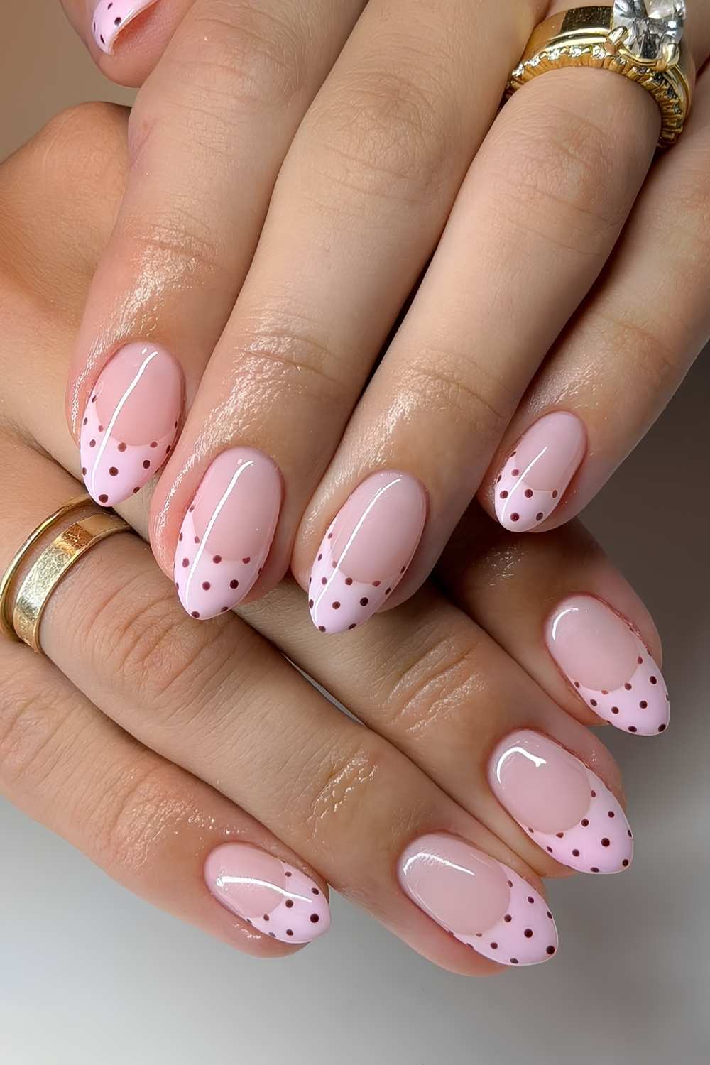Thick pink French mani with polka dots