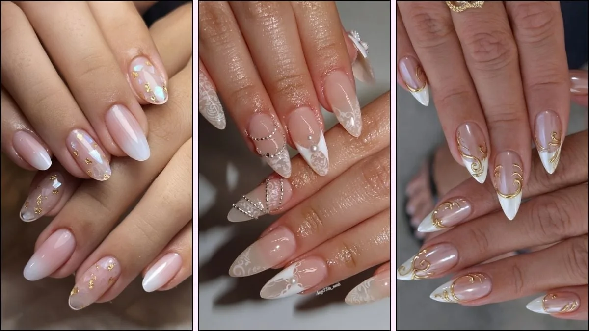 A collage of wedding nail designs