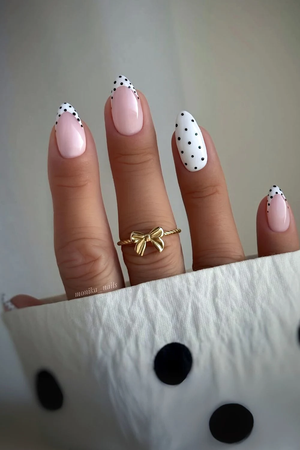 White French almond mani with black dots
