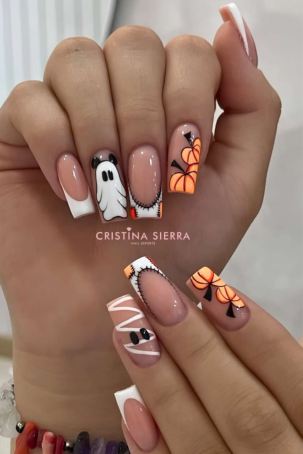 White French mani with Halloween Mickey Mouse art