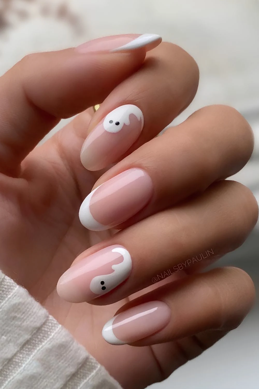 White Halloween French mani with ghost art