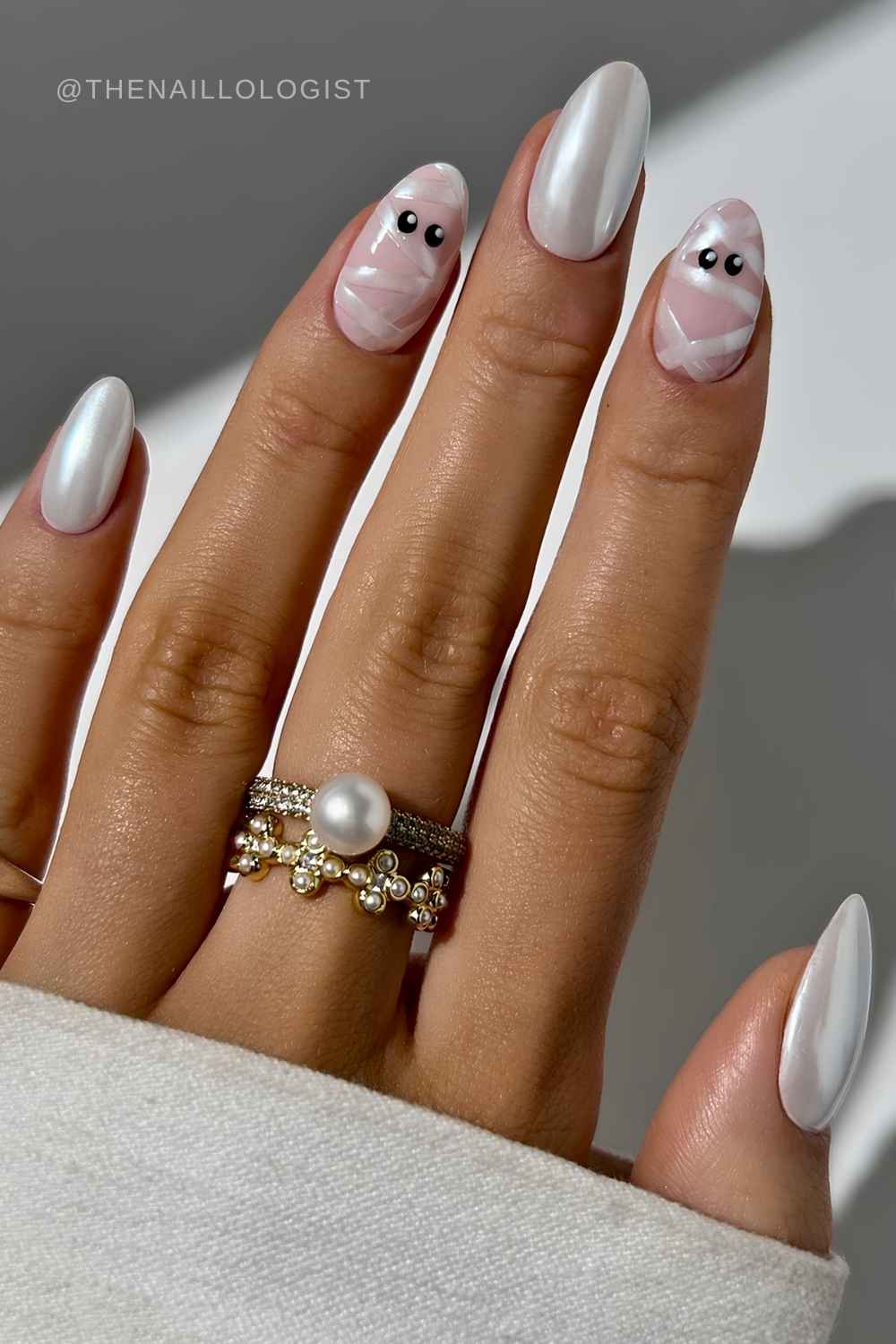 White chrome mani with Halloween mummy art