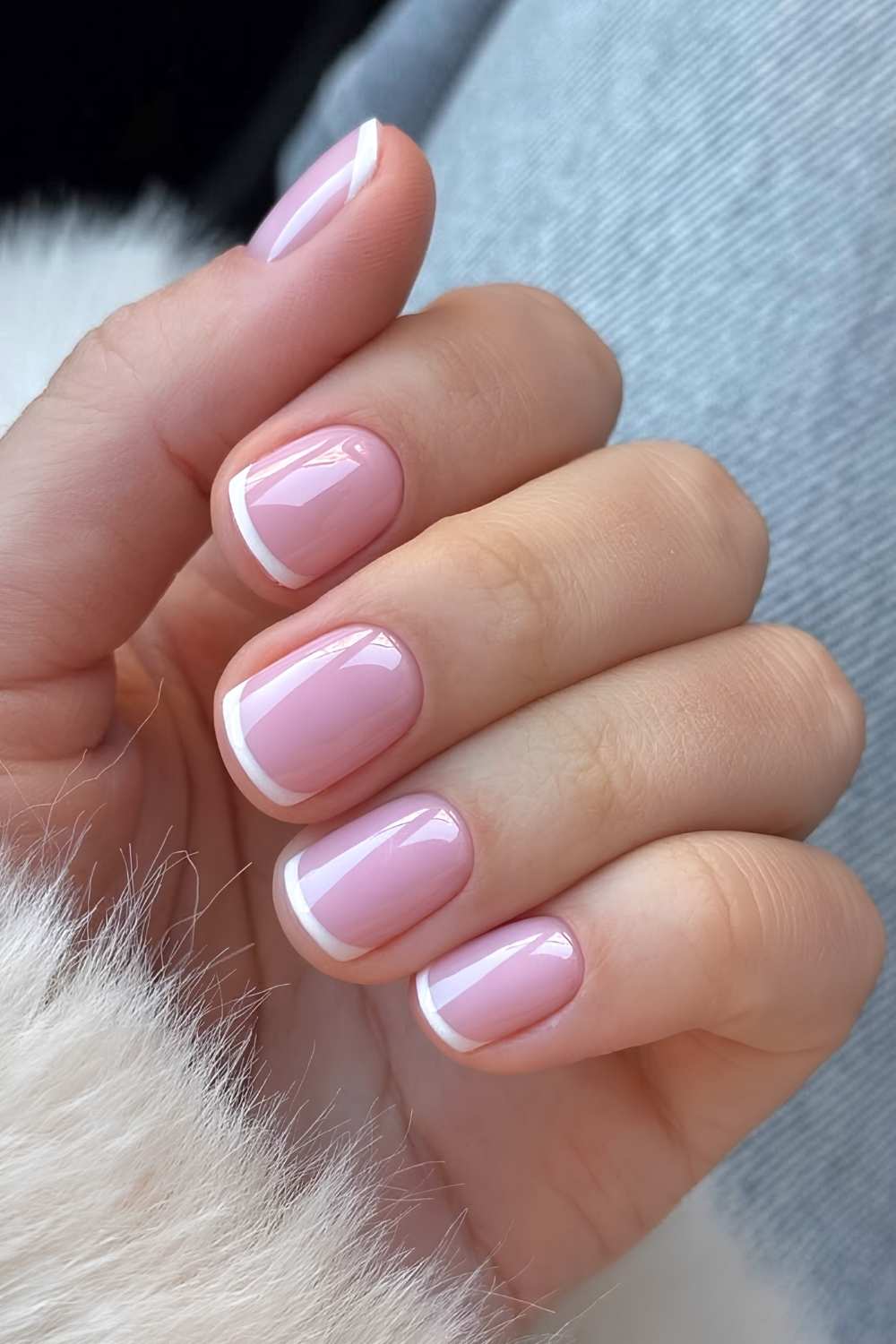 White micro French tip mani on pink base