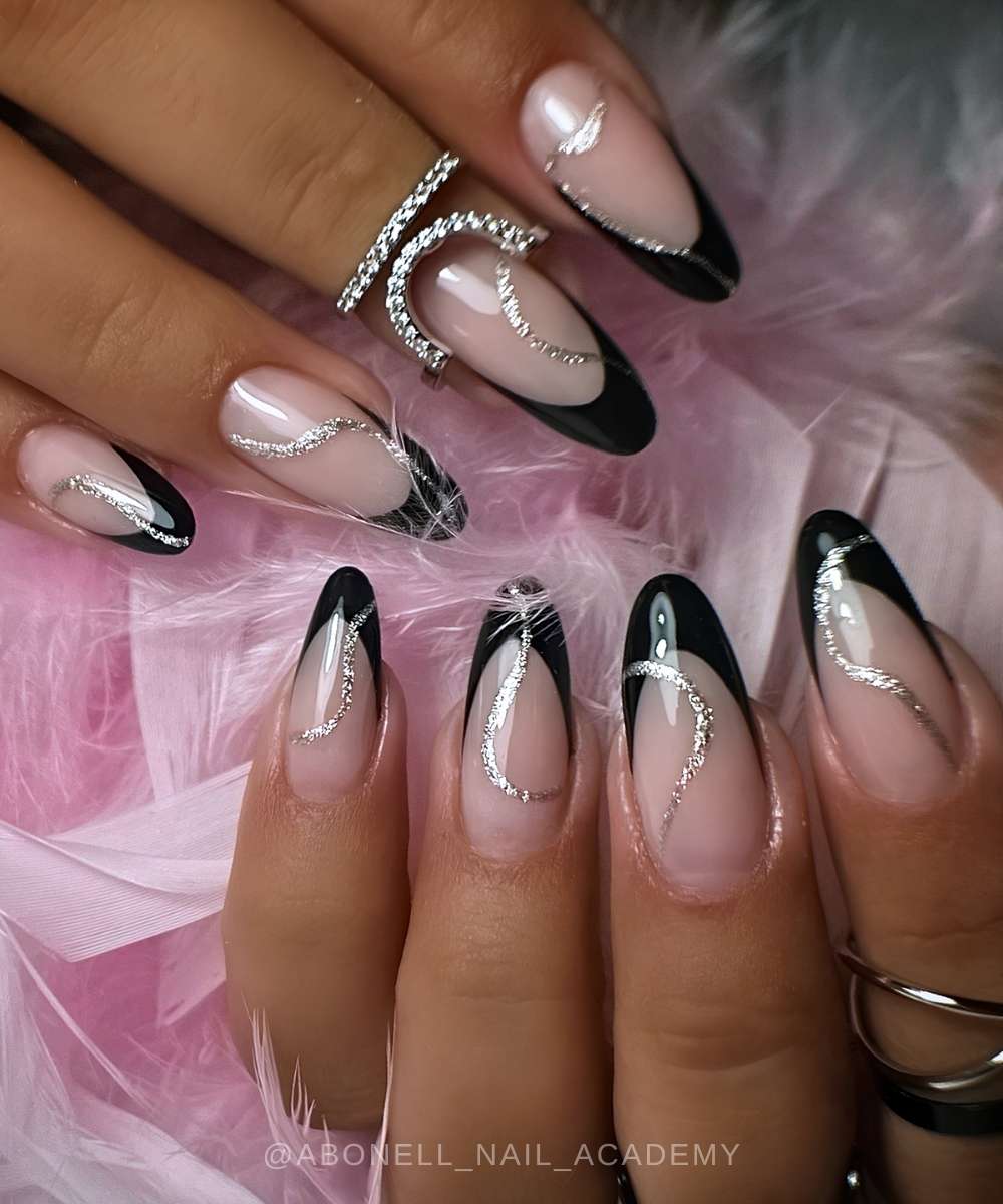 Black French nails with silver glitter swirly lines