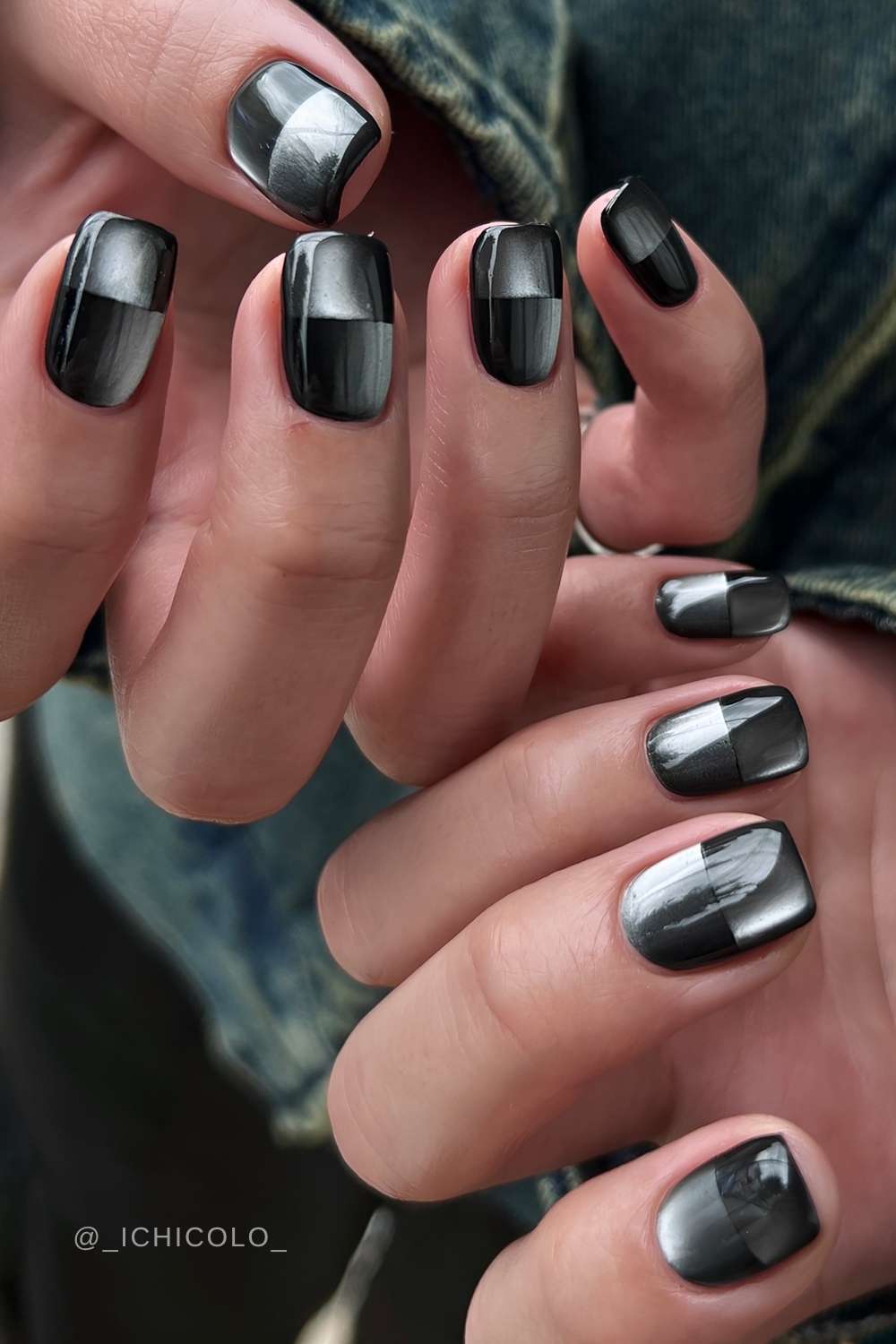 Black and silver blocky cat eye nails