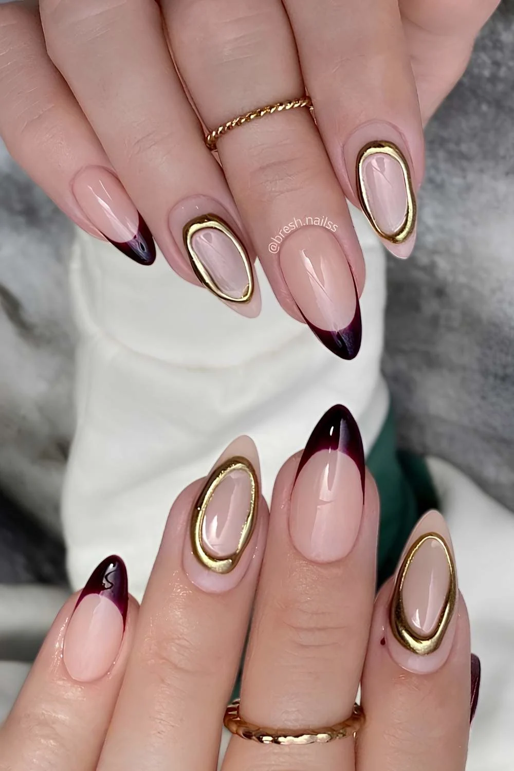 Black cherry French nails with gold accents