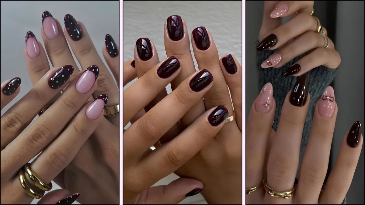 A collage of black cherry nail designs