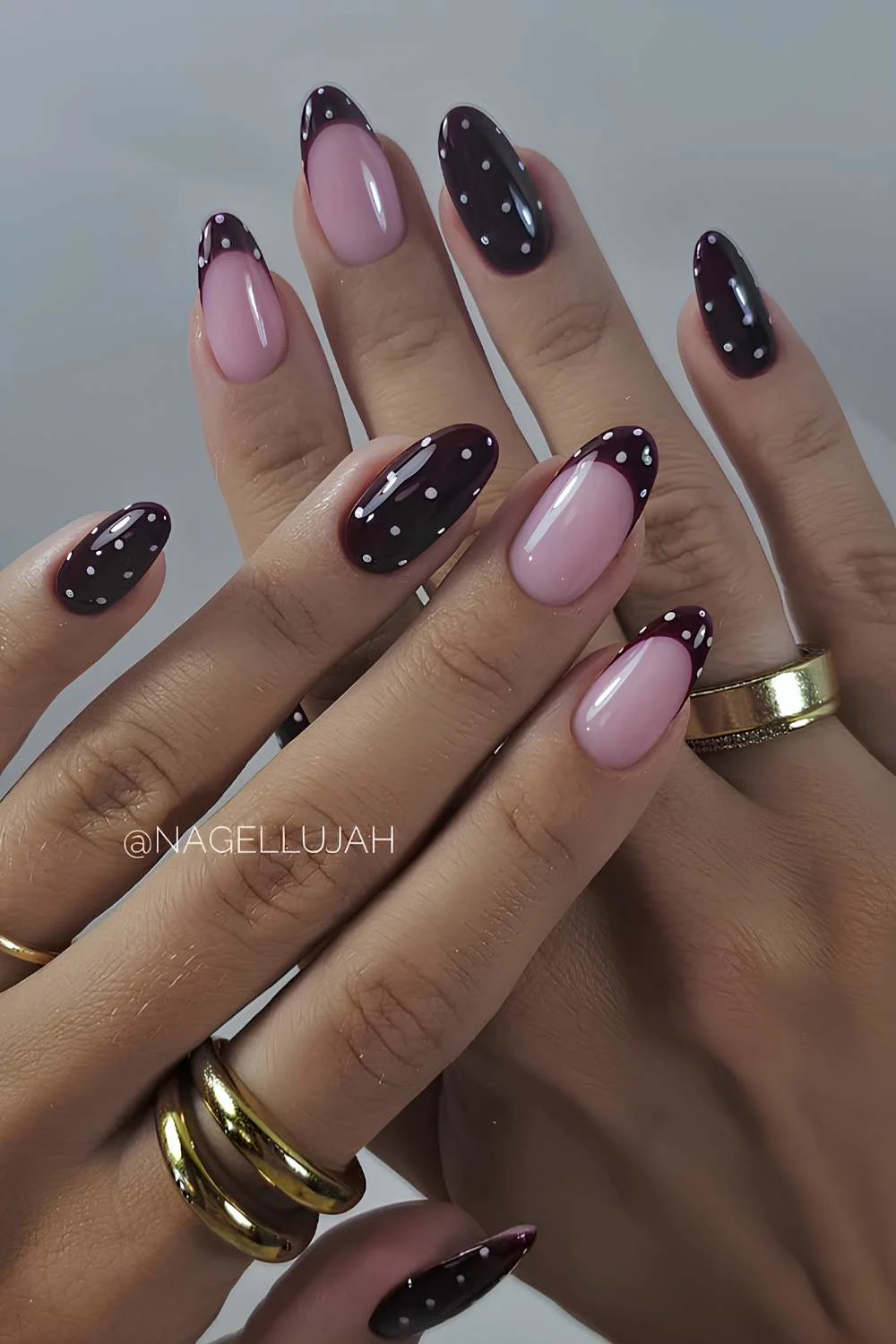 Black cherry nails with polka dots
