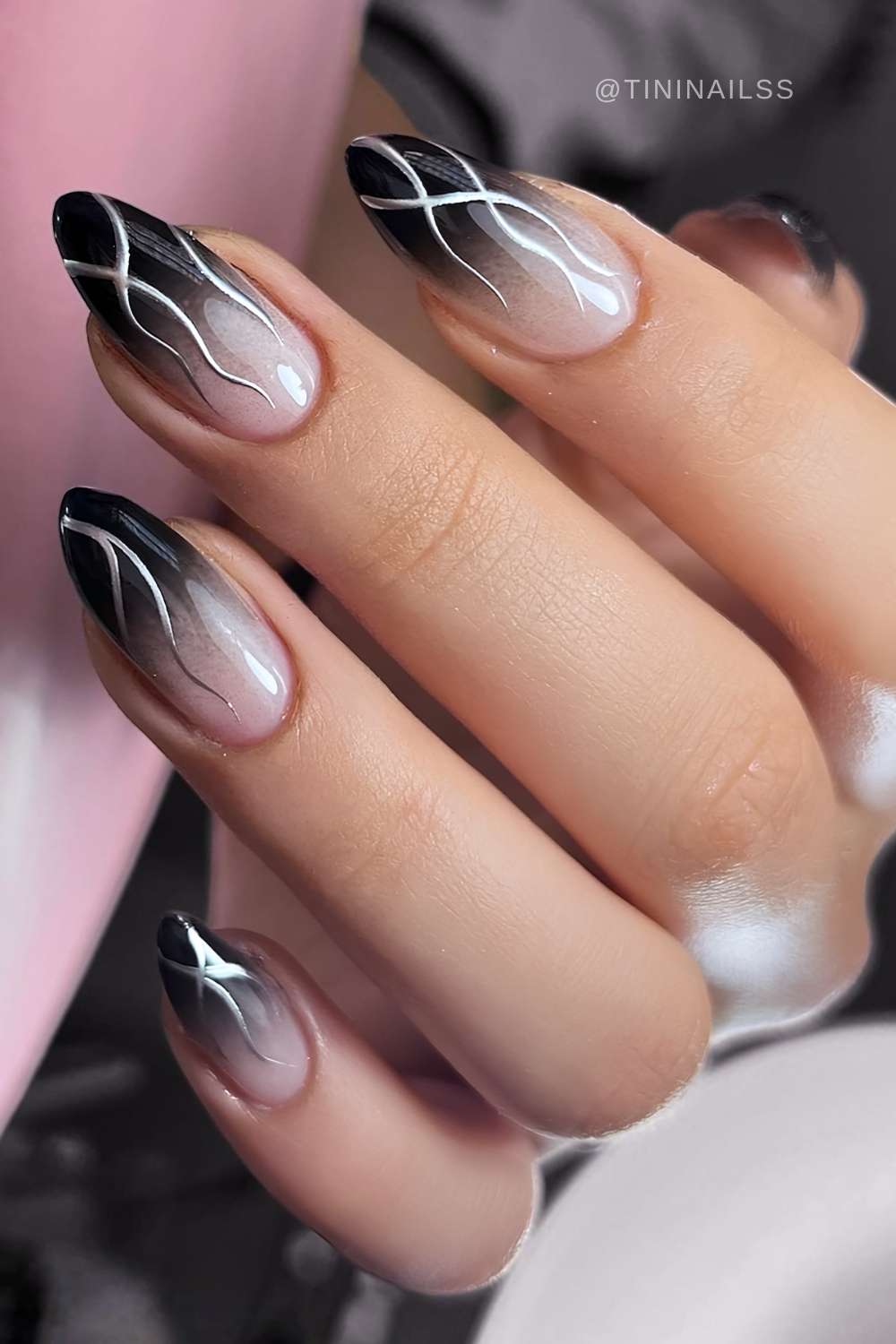 Black ombre mani with silver chrome lines