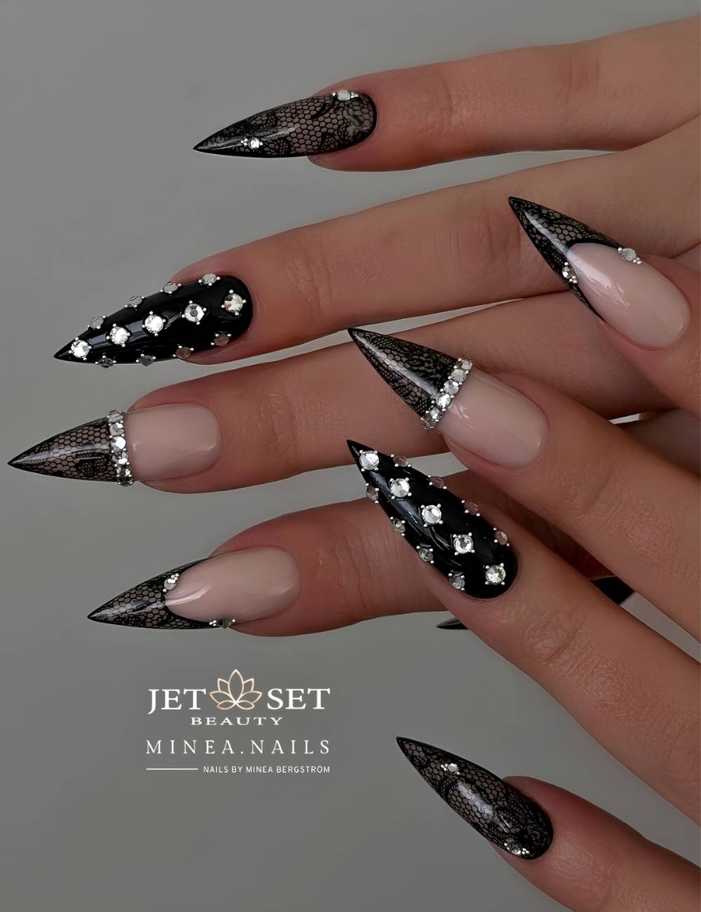 Black stiletto mani with gems and bangle art