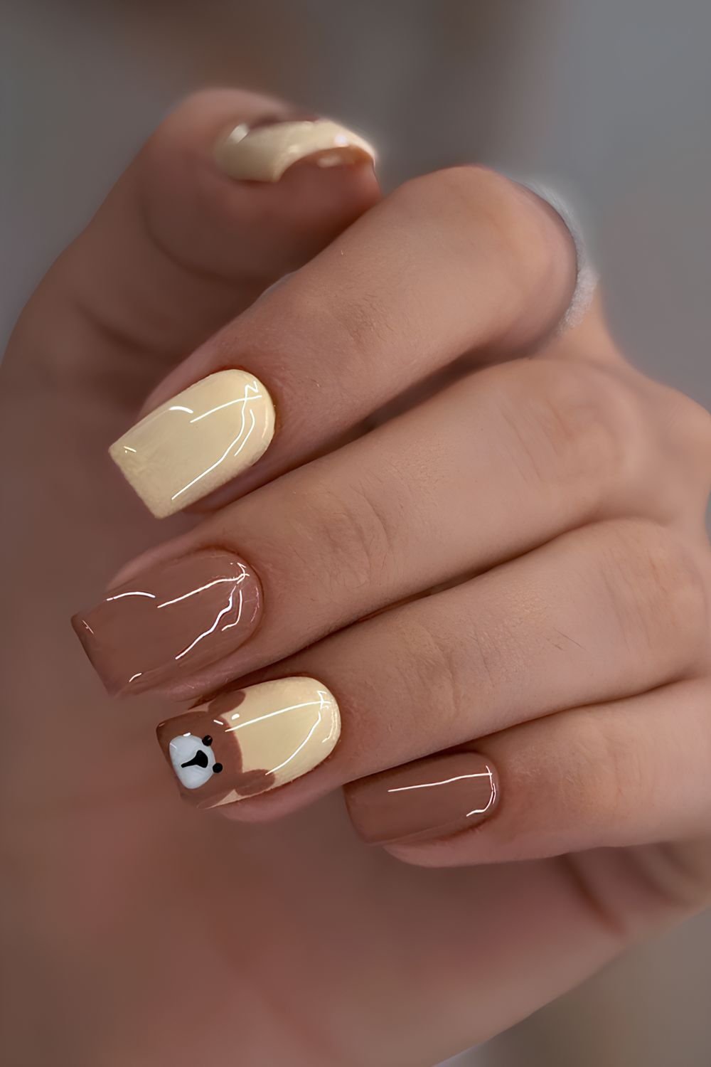 Brown and butter yellow teddy nails