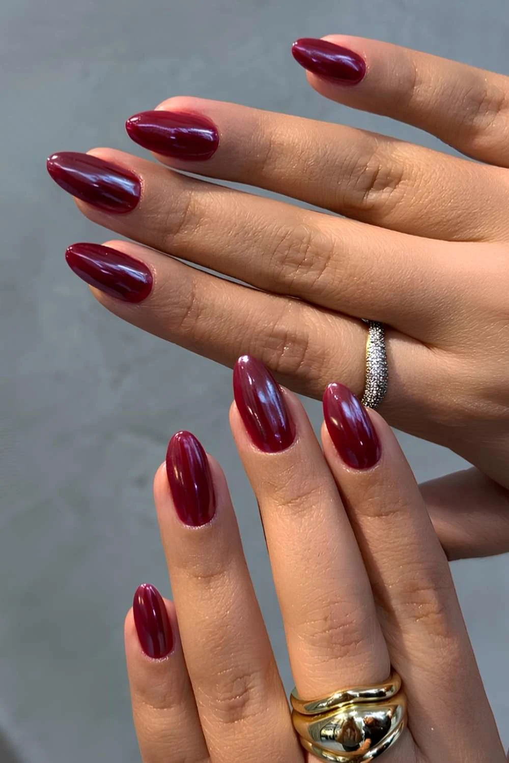 Dark red chrome manicure