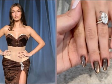 Hailey Bieber wearing brown dress and brown cat eye nails