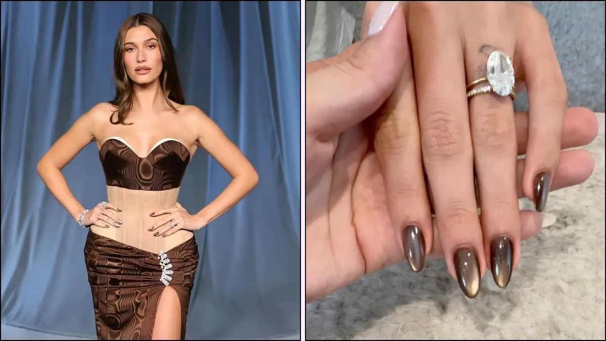 Hailey Bieber wearing brown dress and brown cat eye nails