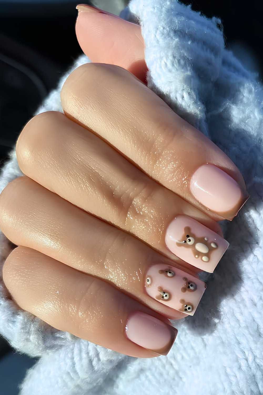 Light brown French mani with teddy art