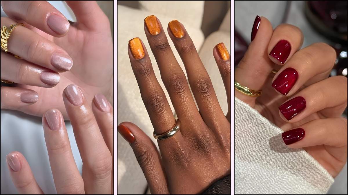 A collage of short velvet manicures