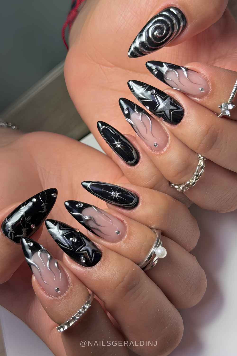 Silver and black mani with mixed motifs
