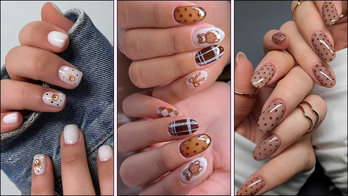 A collage of teddy bear-inspired nail designs