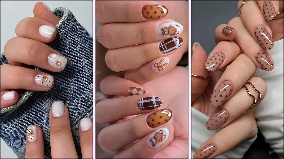 A collage of teddy bear-inspired nail designs