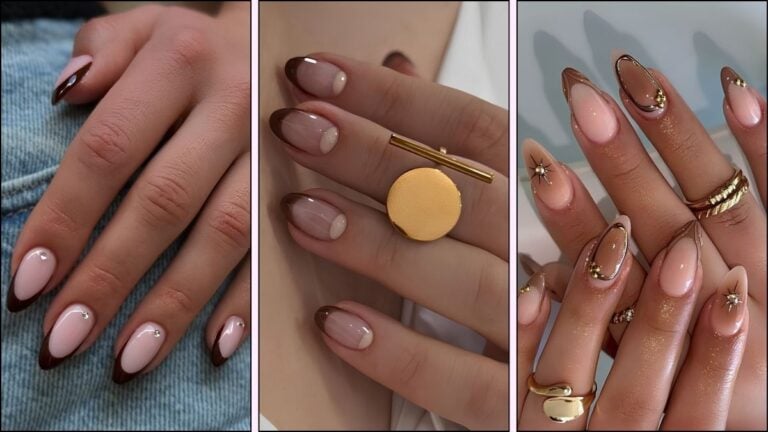 A collage of brown French tip nail designs