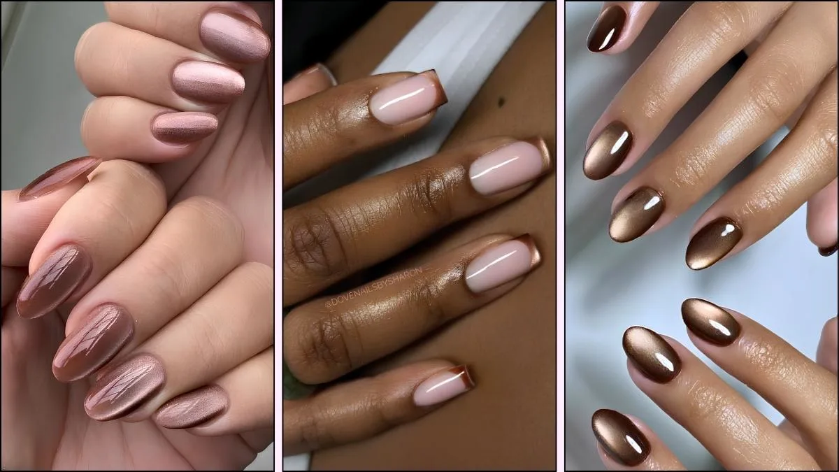 A collage of brown cat eye manicures