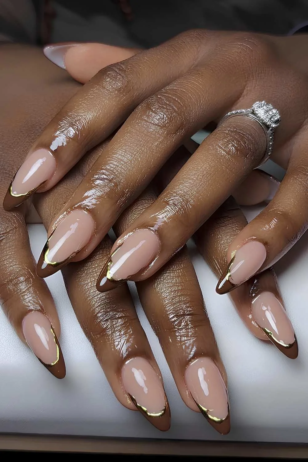 Brown drip French mani with gold details