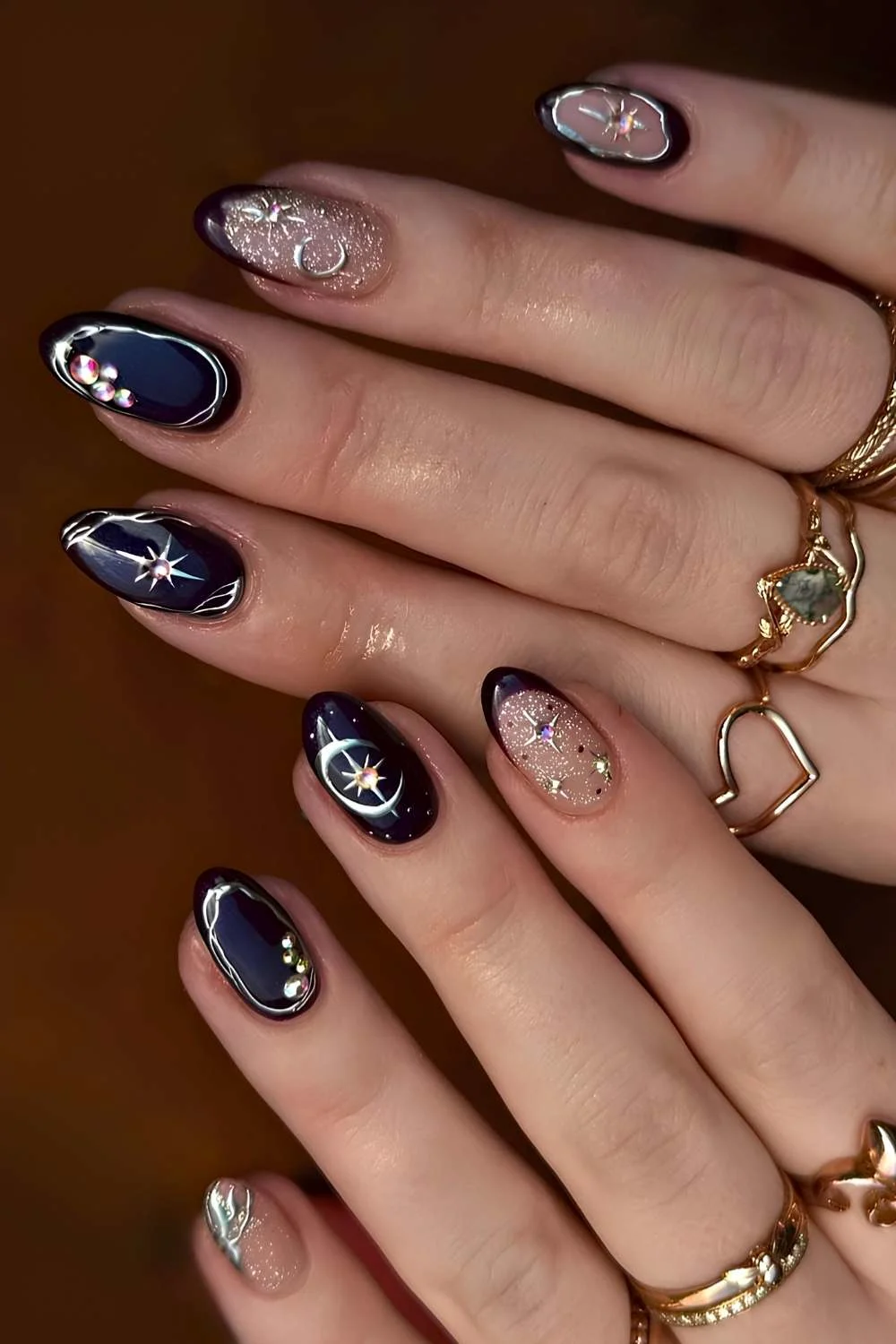 Navy blue nails with silver star and moon art