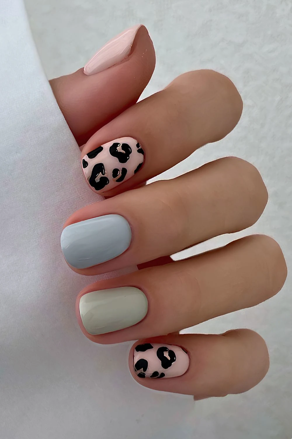 Pastel nails with leopard print accents