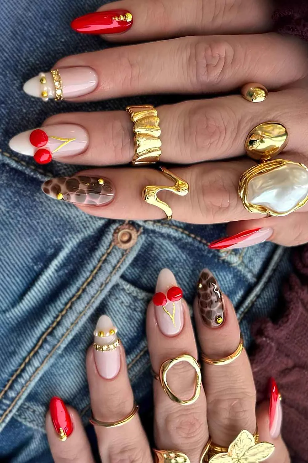 Red and brown mix and match nails