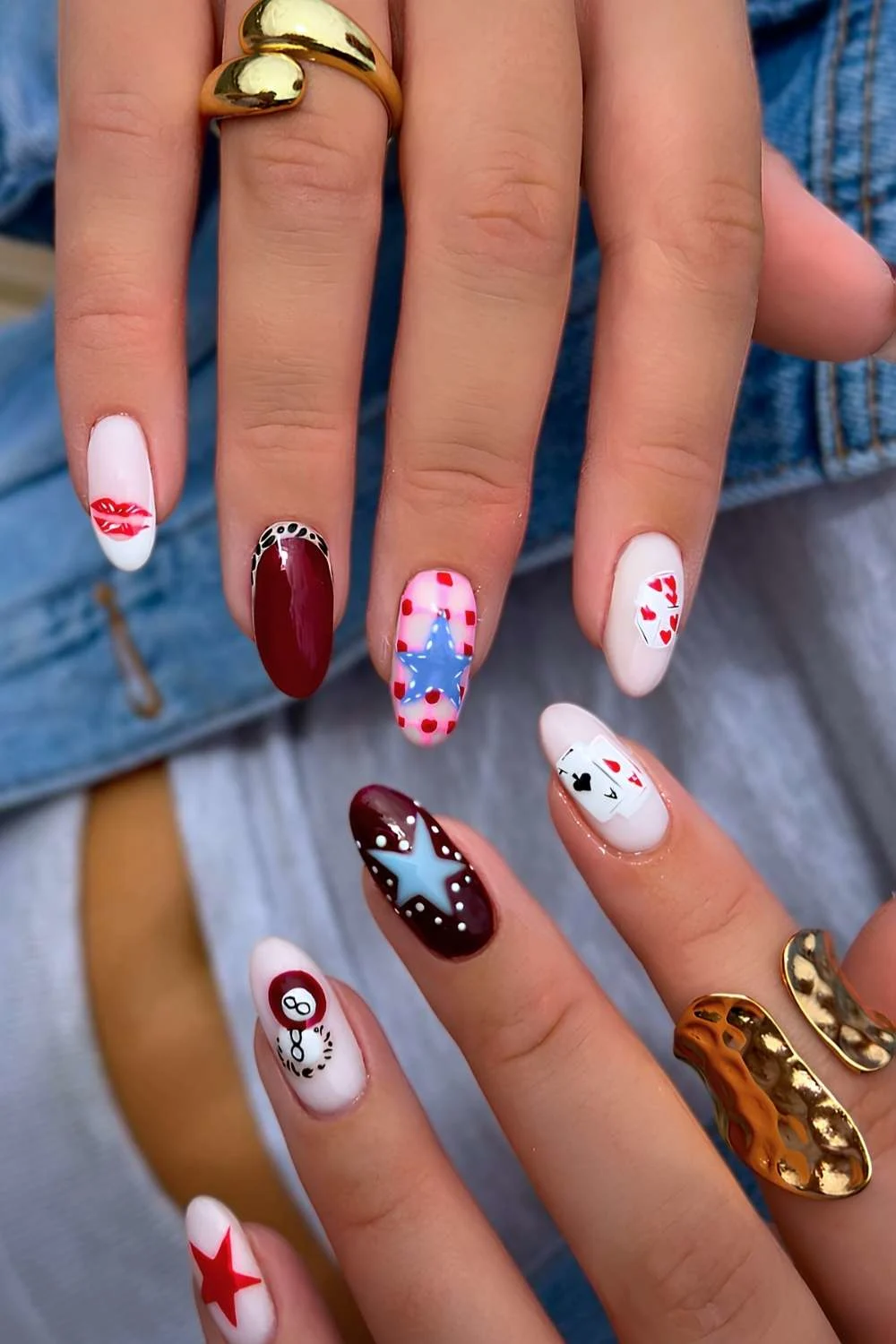 Red and white mani with different prints
