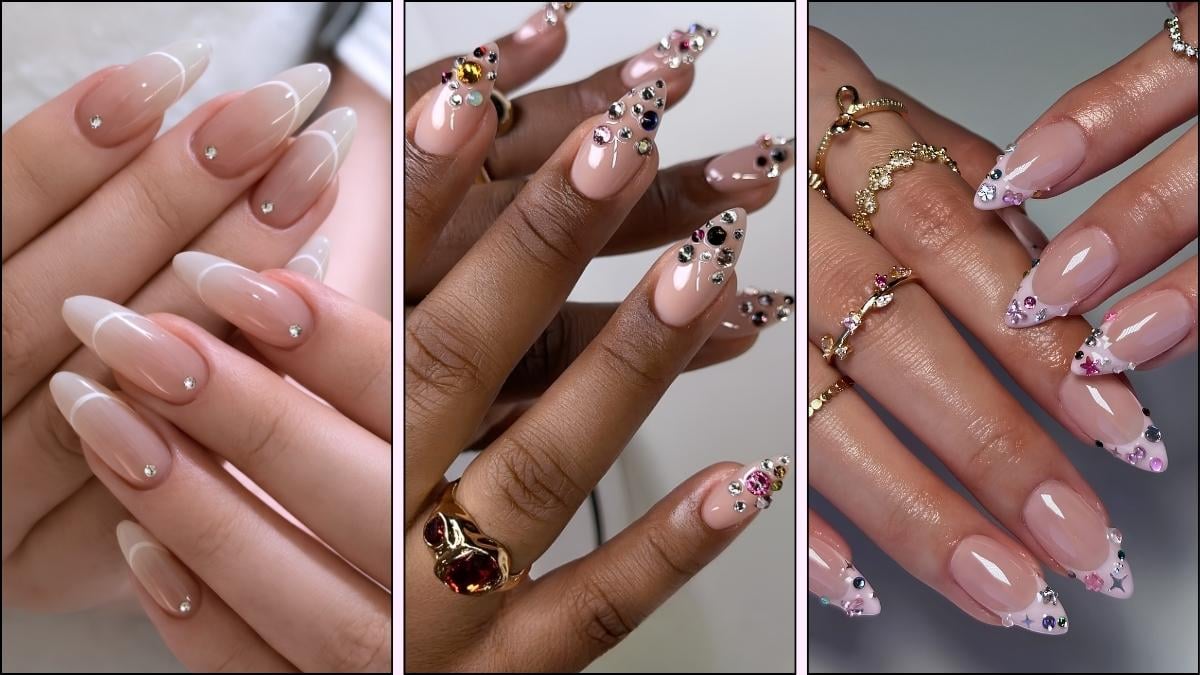 A collage of bedazzled French tip manicures