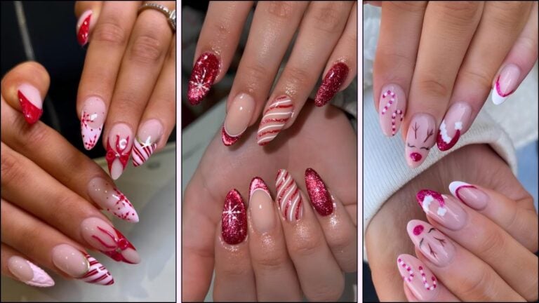 A collage of candy cane inspired nail designs