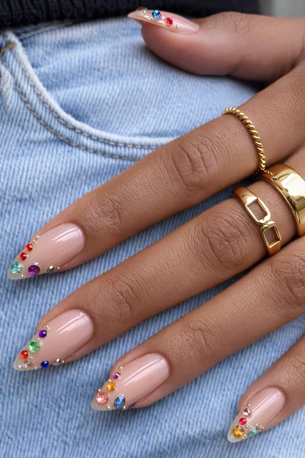 Colorful rhinestone French tip nails