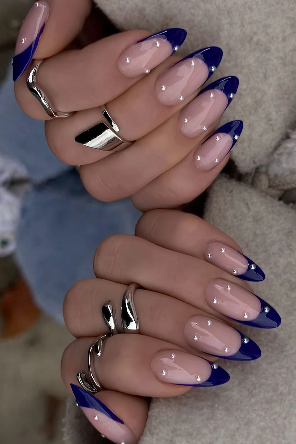 Dark blue French mani with micro pearls