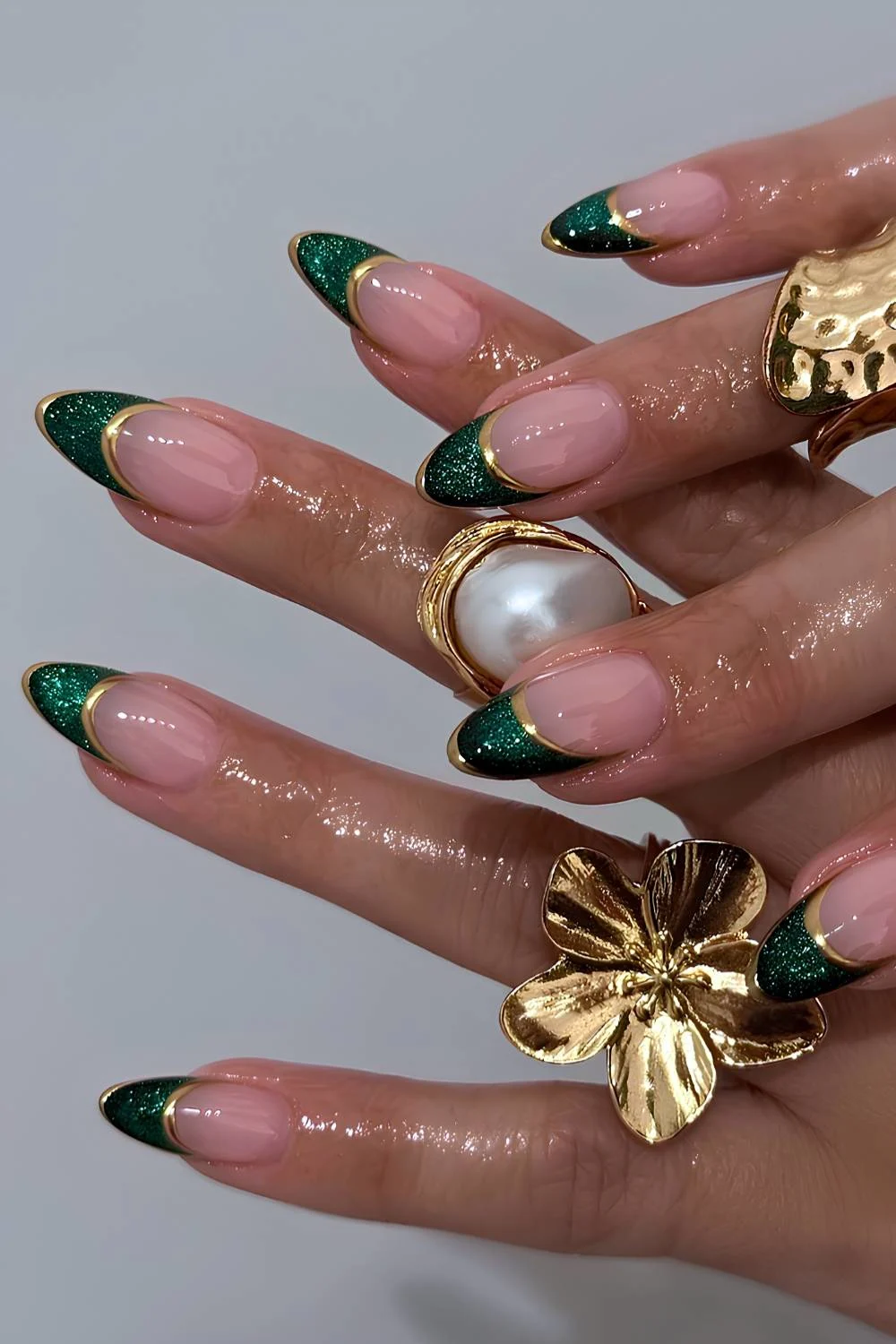 Green velvet French nails with gold outlines