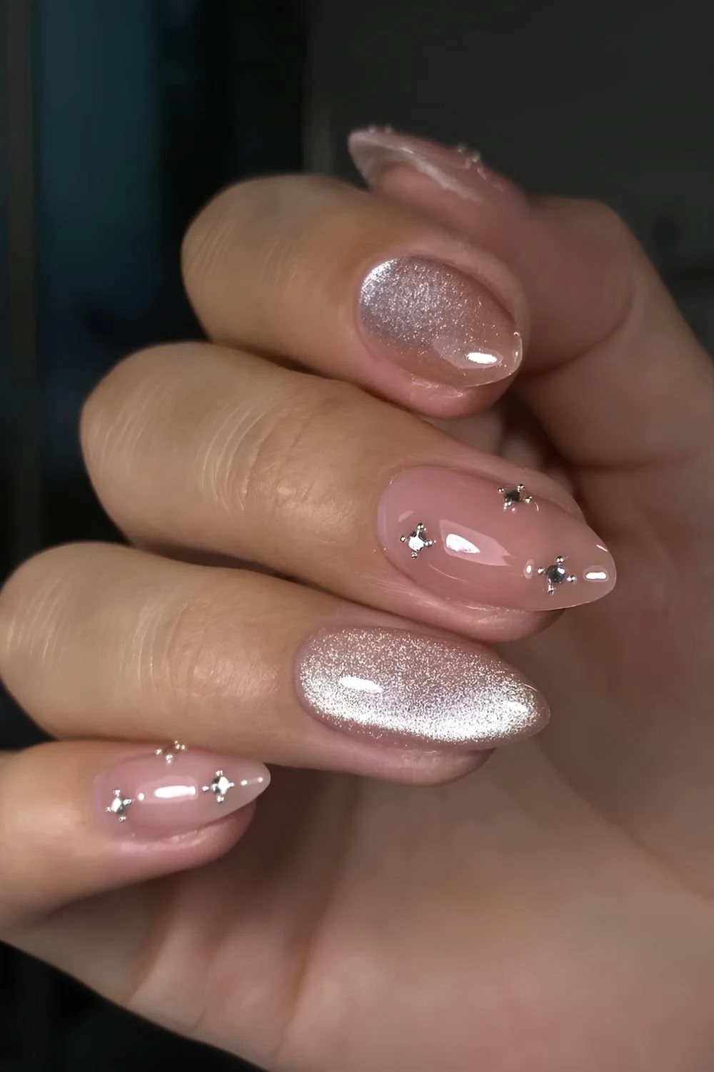 Neutral velvet nails with rhinestones