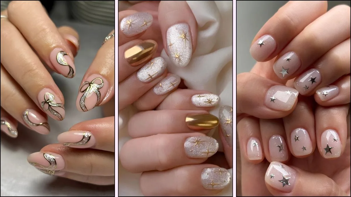 A collage of nail designs for New Year's Eve