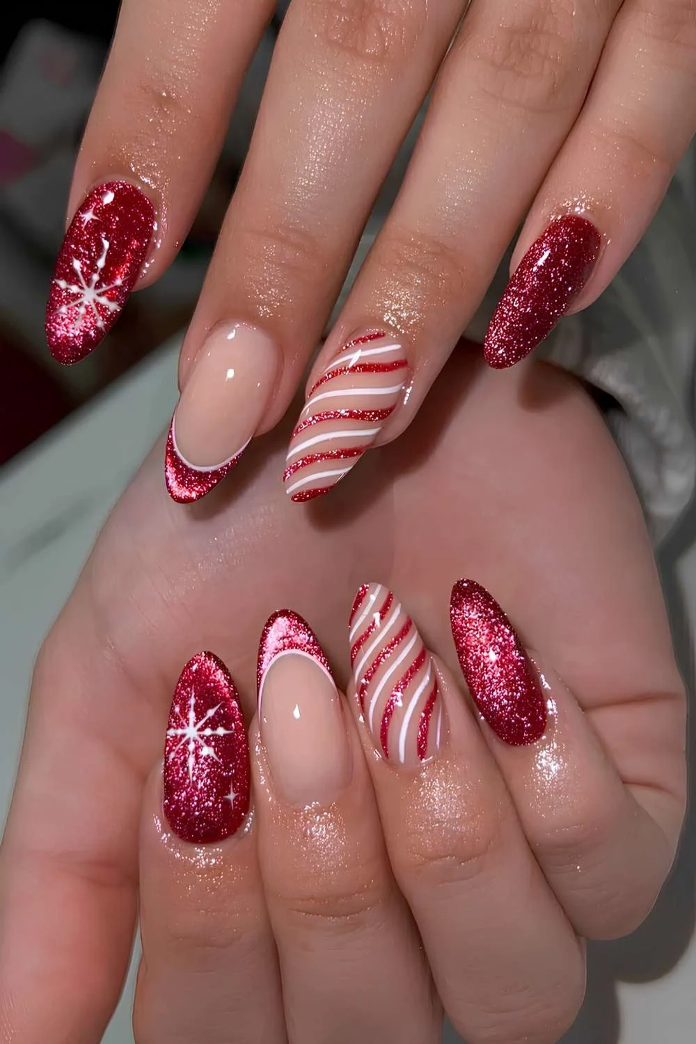 Red velvet nails with candy canes and snowflakes