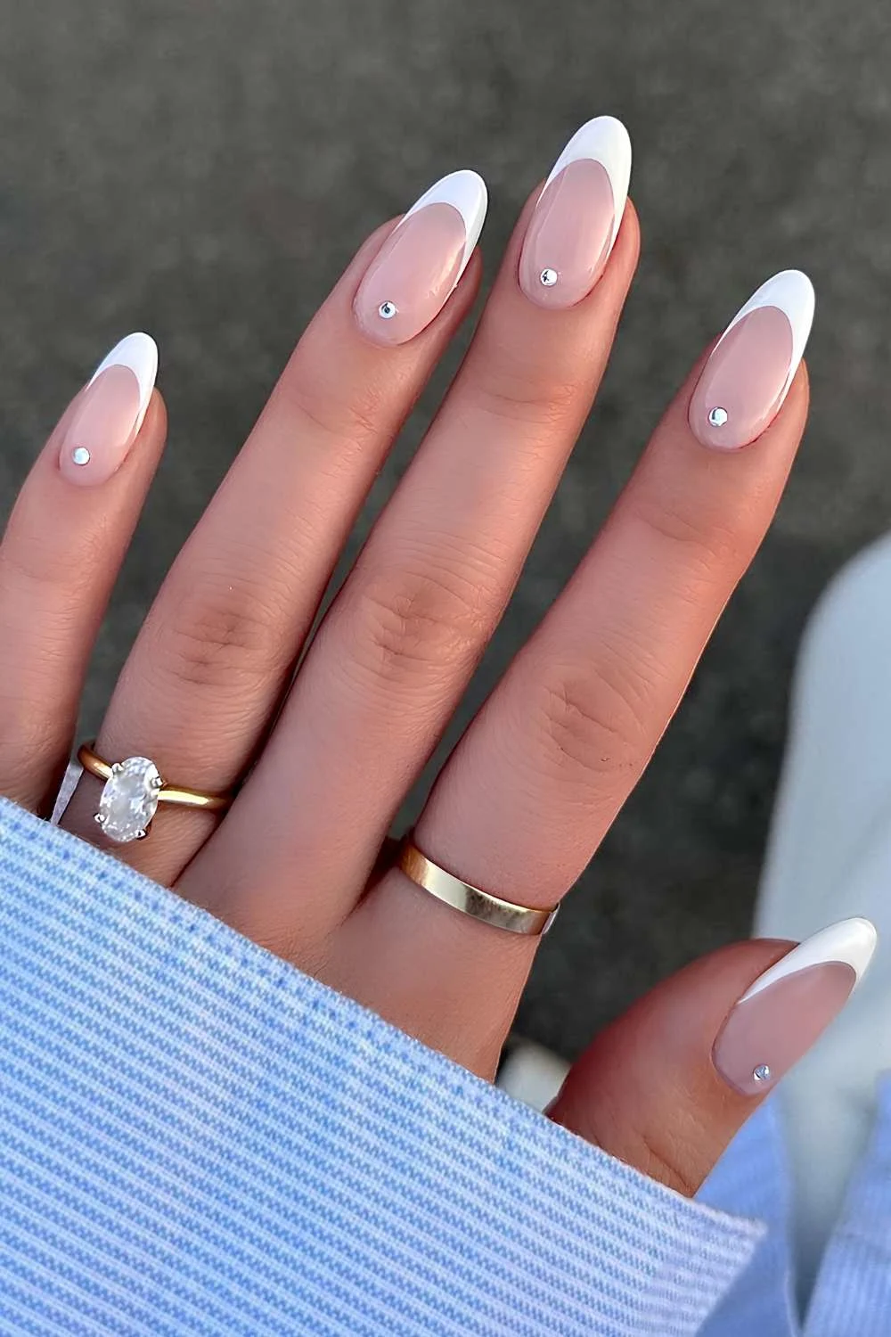 White French mani with cuticle gems