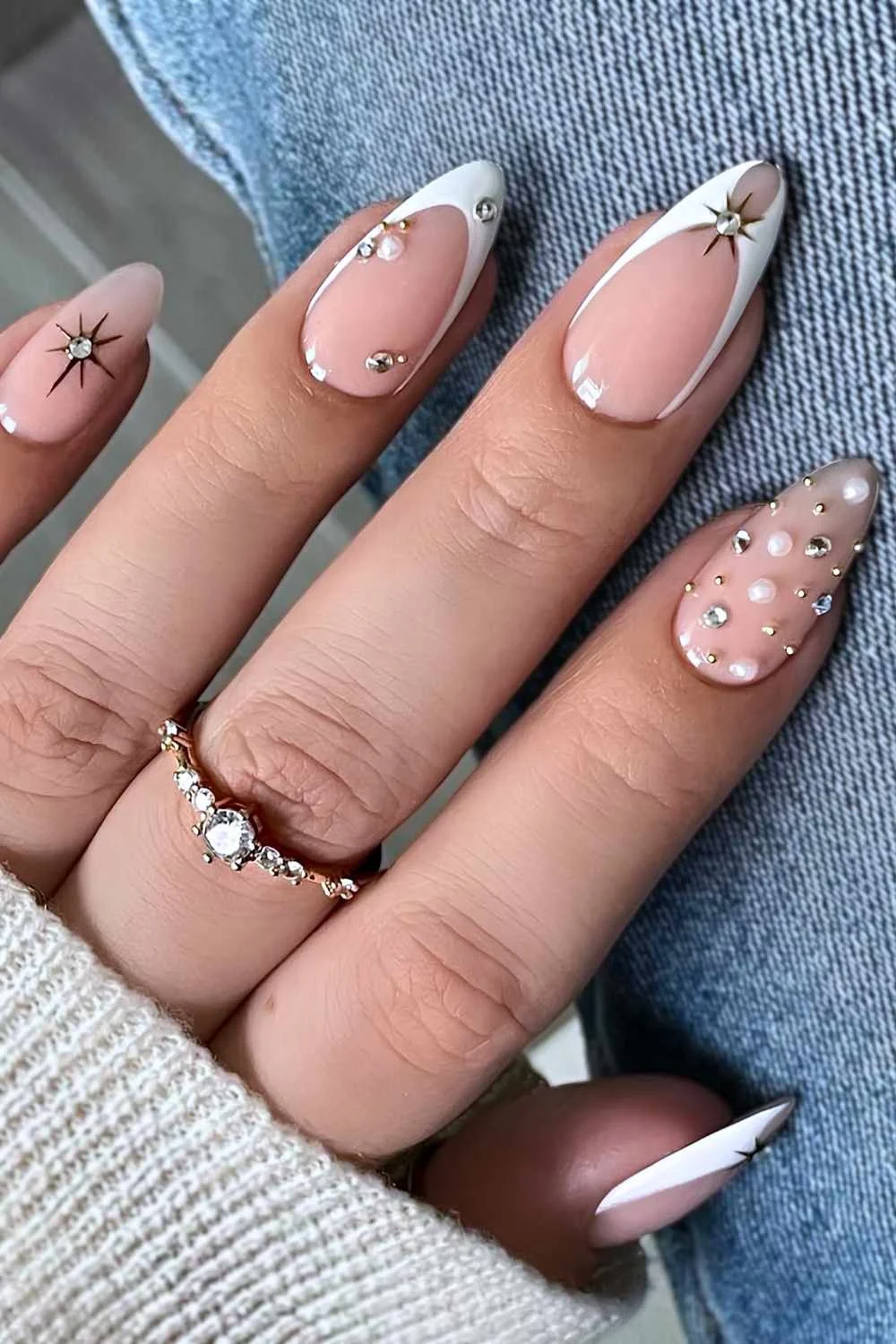 White celestial French mani with pearls and gems