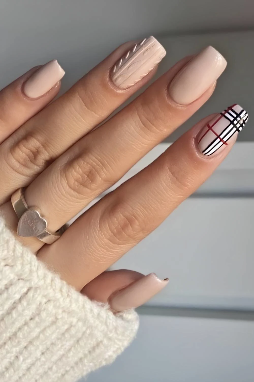 Beige nails with Burberry inspired plaid art