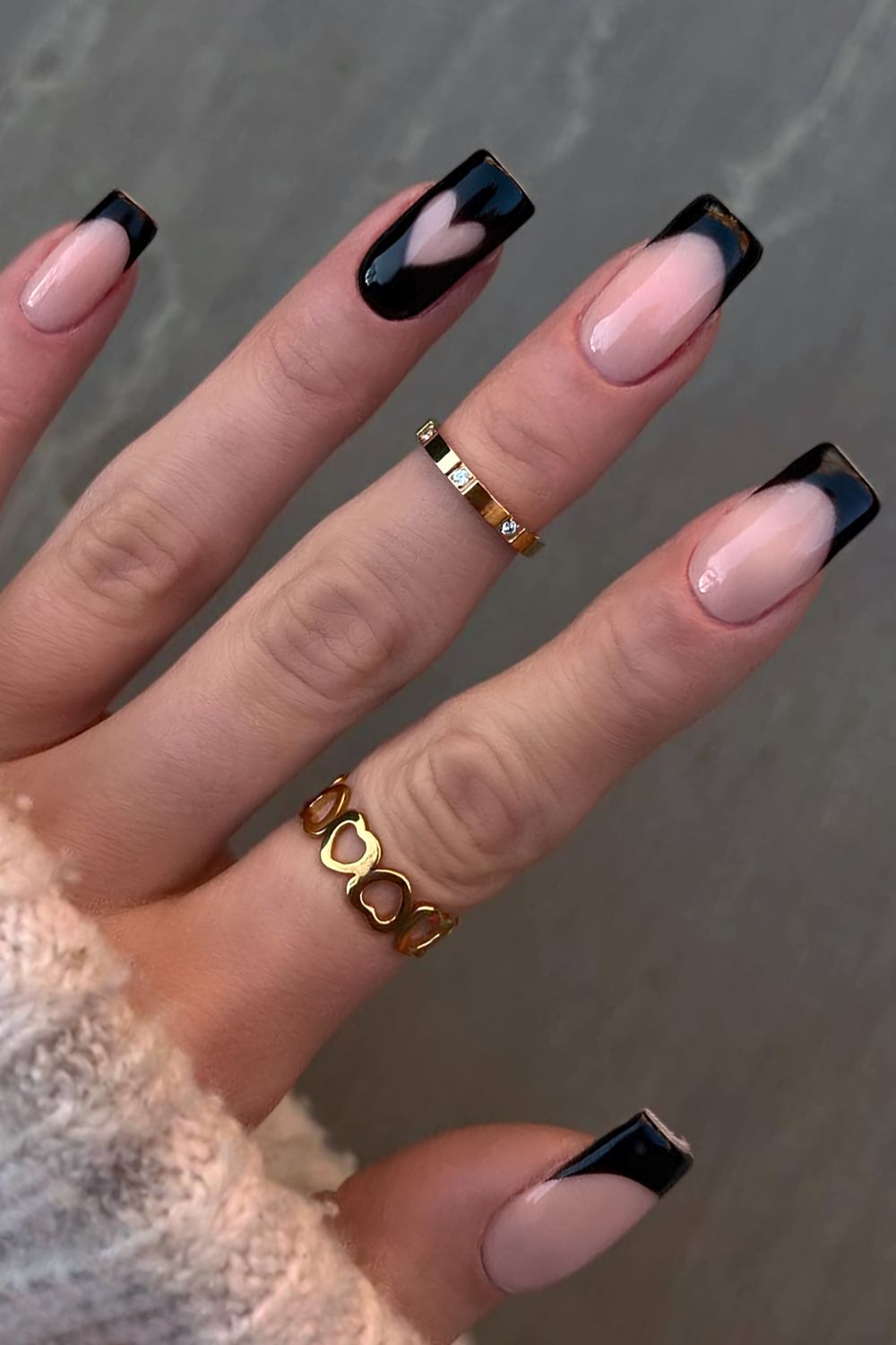 Black square nails with heart art
