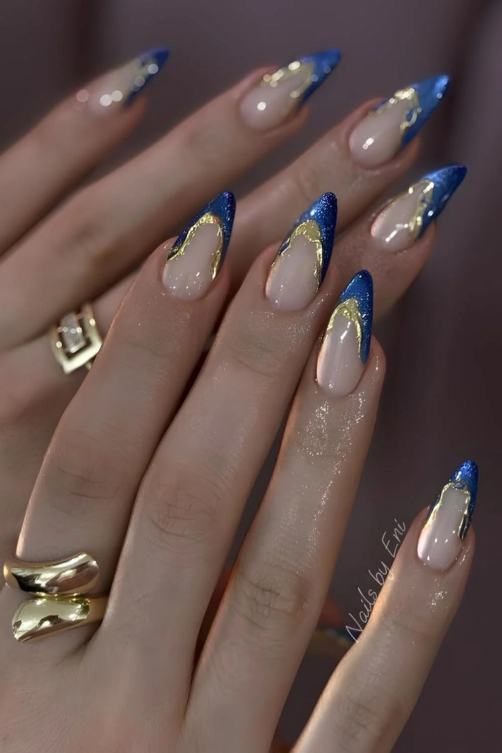 Blue velvet French nails with gold accents