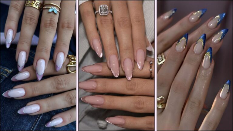 A collage of elegant cat eye French tip nail designs