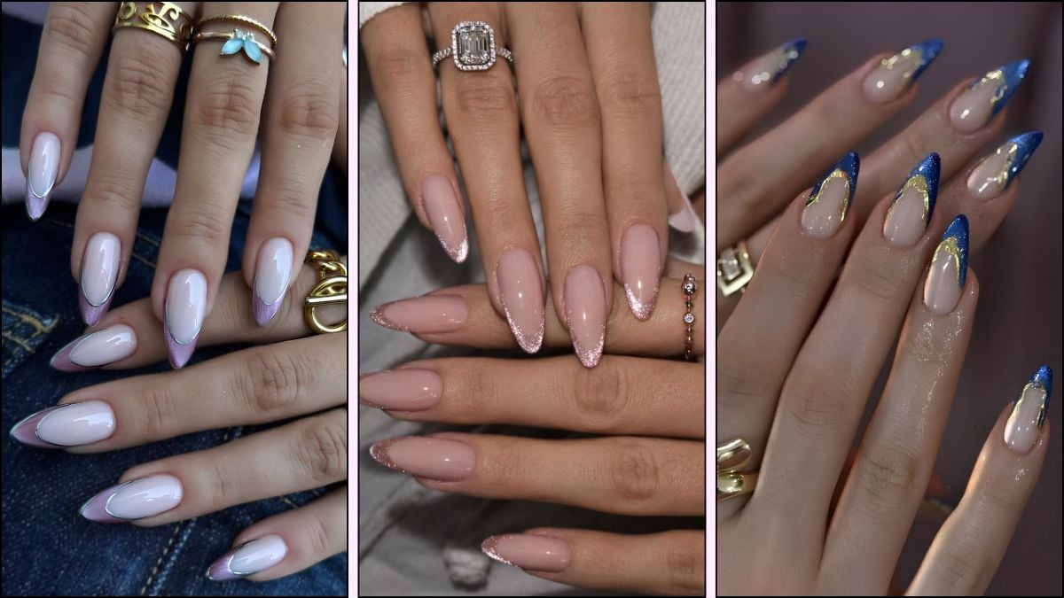 A collage of elegant cat eye French tip nail designs