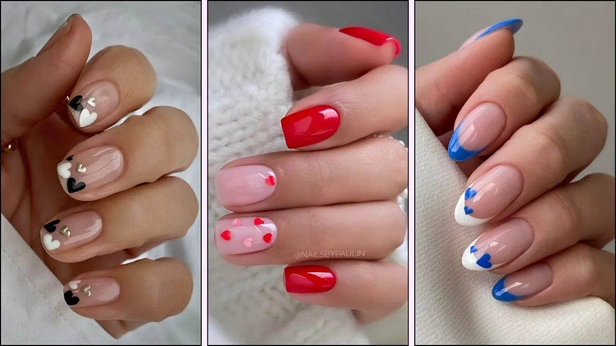 A collage of nail designs with hearts
