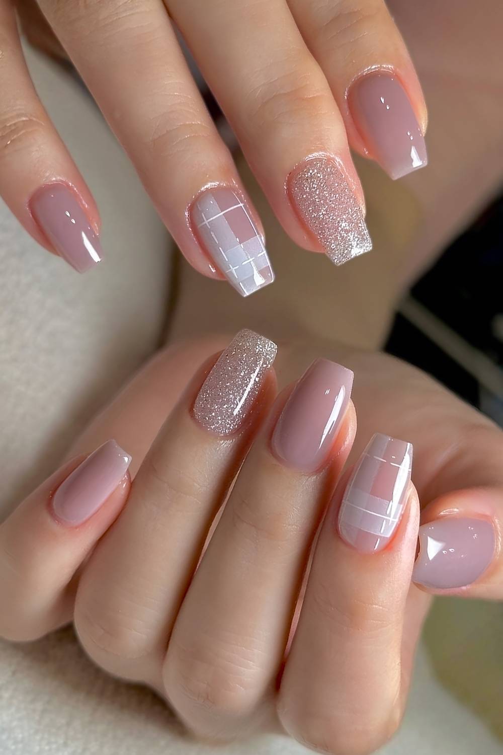 Mauve nails with plaid art and glitter