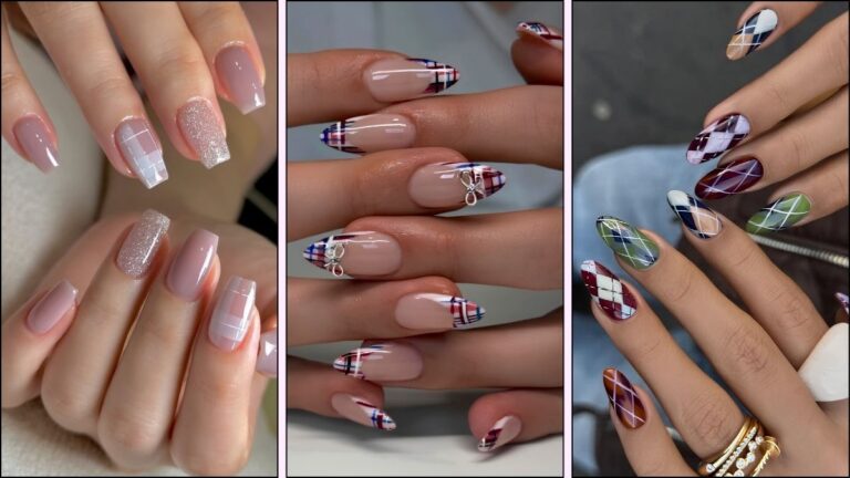 A collage of plaid nail art